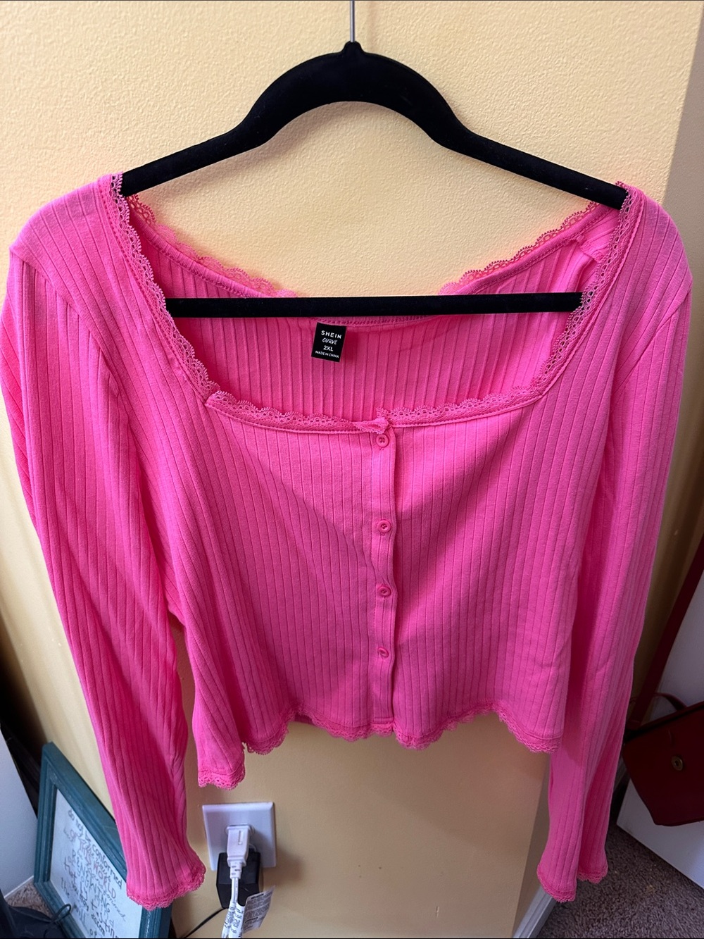 Ribbed Lace-Trim Button Front Top in Hot Pink